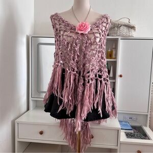Vintage Pink Fringe Crochet Blouse poncho